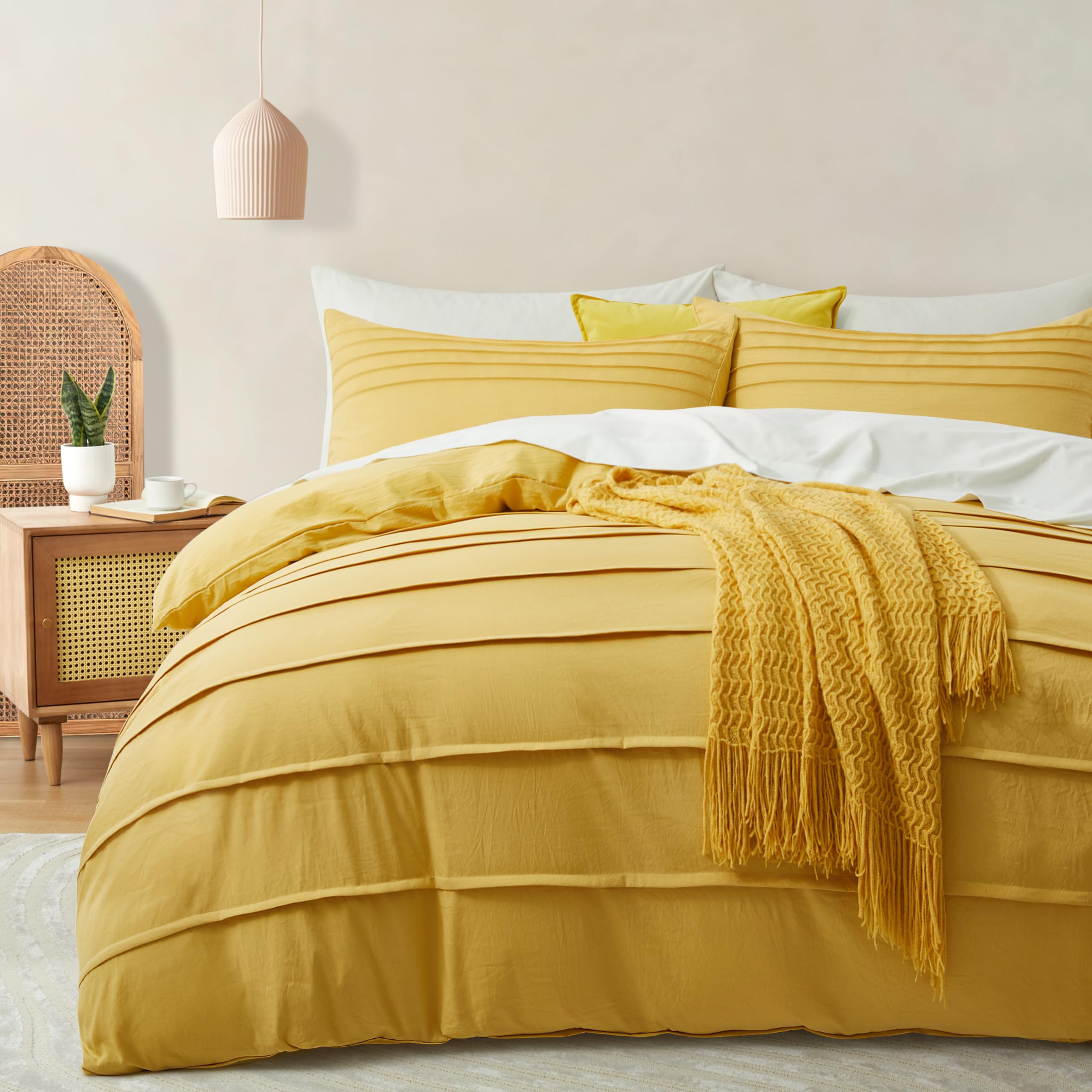 Oli Anderson Mist Yellow Duvet Cover Queen Size - Pleated Queen Duvet Cover, 3Pcs Soft And Breathable Textured Bedding Set With